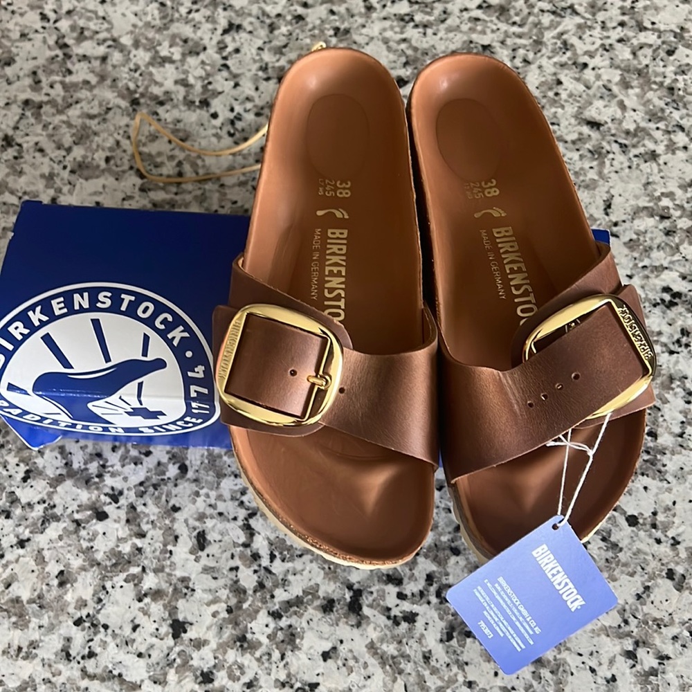 New Birkenstock Sandals sz 38 or 7 in women. Madrid Big Buckle. Color Cognac